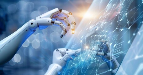 Poster - Advanced robot arm system for digital factories and digital industries. Automation manufacturing robot controlled by industry engineers using IOT software.