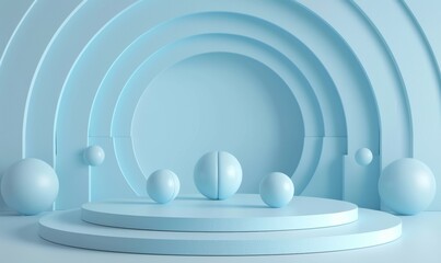 Wall Mural - Mockup podium with geometric elements and blue background for a product 3D render and illustration