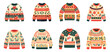 © MicroOne - Ugly Christmas sweaters set. Ornamental designs. Red green and beige colors. Knitted woolen winter clothing. Holiday party outfit. Isolated vector clipart collection