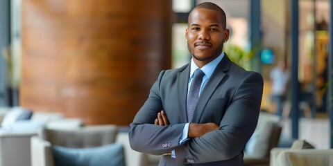 Wall Mural - A man in a suit and tie stands in a room with a wooden pillar behind him. He is wearing a tie and has his arms crossed