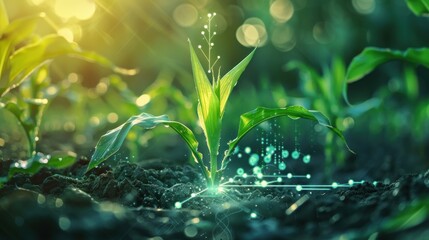 Poster - Farm agriculture AI digital technology, smart monitoring corn plant on plantation. Corn young sprout with sensors
