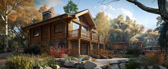 Wall Mural - A large log cabin with a mountain in the background. The cabin has a lot of windows and a balcony