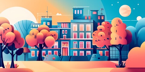 Wall Mural - A cityscape with a large building in the center and a tree in the foreground. The sky is orange and blue, and the sun is setting