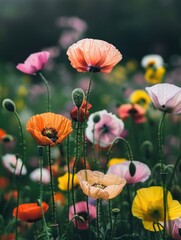 A sunny meadow filled with vibrant flowers, featuring a busy bee in the center