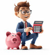 © btiger - 3d cartoon man sitting on piggy bank with calculator detailed character design smiling photorealistic render pastel colors simple clean high resolution