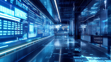 Poster - Futuristic server room with glowing blue digital data and circuit patterns