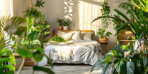 Wall Mural - White wooden bedroom with houseplants urban jungle biophilic design cozy atmosphere. Concept Cozy Bedroom, Urban Jungle, Biophilic Design, Houseplants, White Wooden Decor