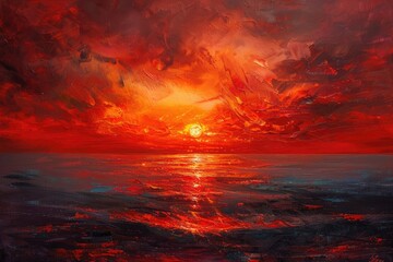 a painting of a sunset with a red sky and a calm ocean.