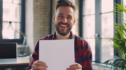 Wall Mural - Happy entrepreneur in a bright office, proudly holding and showing a blank document to the camera