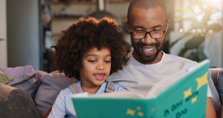 Poster - African father, boy and reading with story on sofa, listening and bonding in morning at family house. Man, son and together with book, happy and relax with love, literature and learning in apartment