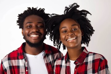 Wall Mural - Portrait of a satisfied afro-american couple in their 20s wearing a comfy flannel shirt while standing against white background