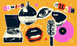 © LanaSham - Groovy music mixed media collage stickers set with vinyl player, vintage microphone, mirror disco ball, singing mouth on bright background halftone cut-out elements. Vector illustration