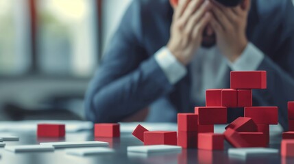 Businessman in distress with red blocks representing failure or setback at work on a desk, concept of defeat and stress in business.