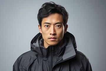 Poster - Portrait of a tender asian man in his 20s wearing a windproof softshell isolated on minimalist or empty room background