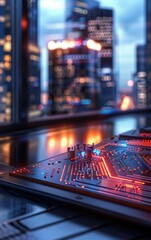 Poster - Abstract Circuit Board with Cityscape Background. Generative ai