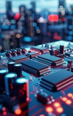 Poster - Abstract Circuit Board with Cityscape Background. Generative ai
