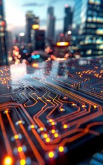 Poster - Abstract Circuit Board with Cityscape Background. Generative ai