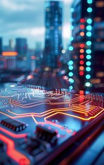 Poster - Abstract Circuit Board with Cityscape Background. Generative ai