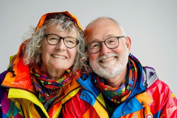Wall Mural - Portrait of a happy couple in their 40s wearing a vibrant raincoat isolated on white background