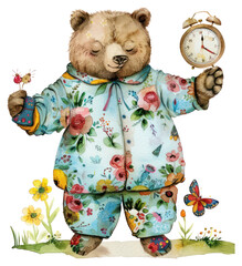 Wall Mural - PNG Adorable bear in floral pajamas