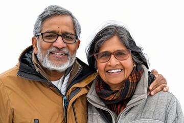 Wall Mural - Portrait of a grinning indian couple in their 50s wearing a functional windbreaker on white background