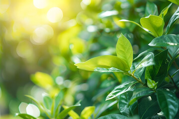 Poster - amazing nature view of green leaf on blurred greenery background in garden and sunlight with copy space using as background natural green plants landscape ecology fresh wallpaper concept