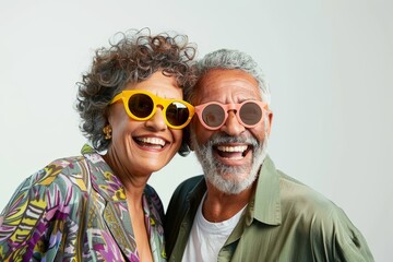 Wall Mural - Portrait of a joyful mixed race couple in their 60s wearing a trendy sunglasses isolated in white background
