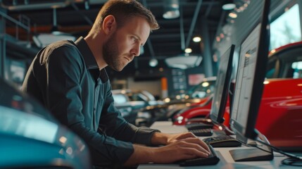 A man working in a car dealership, attending to details on a computer