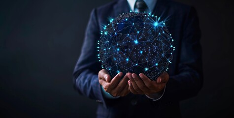 Poster - Businessman hand holding global network, futuristic technology background, Global business, internet network connectivity, IoT Internet of Things, business intelligence concept