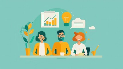 Poster - startup pitch competition, excited presenters with audience, flat design illustration