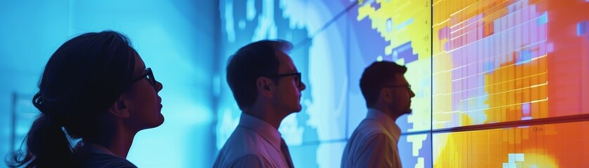Poster - Business professionals analyze stock market data on a large digital display, showcasing teamwork and technology in modern finance.