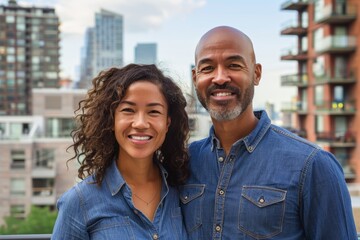 Wall Mural - Portrait of a glad mixed race couple in their 30s sporting a versatile denim shirt isolated on vibrant city skyline