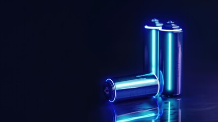 Wall Mural - Blue neon light glowing battery cells on dark background illustrating energy and technology concept