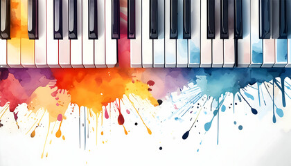 Abstract colorful piano keyboard on watercolor illustration painting background on Generative AI.