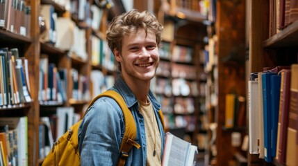 Wall Mural - Handsome Smile student man with backpack and books in library, education, university, cheerful, college, happy, standing, school, backpack, attractive, enjoyment, confidence