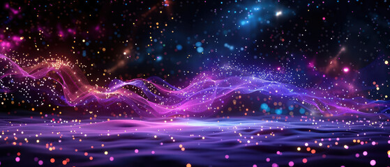 Wall Mural - Abstract image of flowing purple and pink light waves with glittering particles against a dark background, creating a dynamic and magical effect.