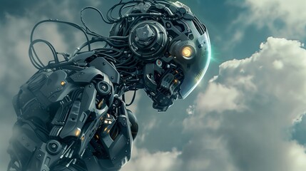 Poster - a robot merges elements for a unique look, blending technology and art into a distinct, striking res