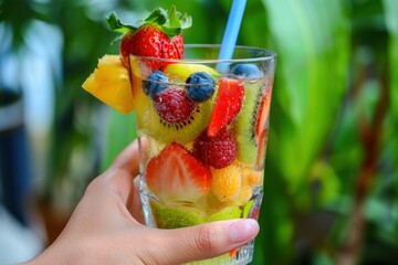 Poster - Woman is holding a glass of sparkling water with various fruits, a refreshing and healthy summer beverage