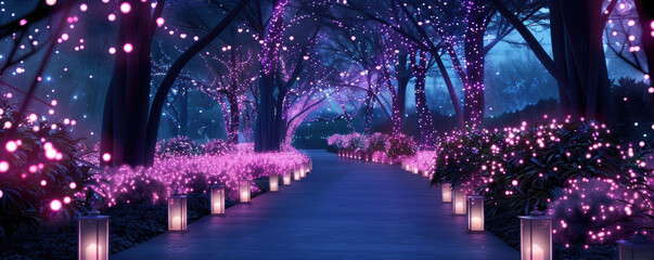 Wall Mural - An enchanting pathway in a forest adorned with glowing pink lights and lanterns, creating a magical and romantic ambiance.