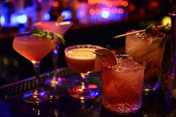 Canvas Print - Selection of classic cocktails sitting on bar counter with colorful neon lights in the background