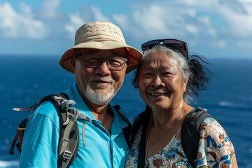 Wall Mural - Portrait of a merry multiethnic couple in their 70s sporting a breathable hiking shirt over tranquil ocean backdrop