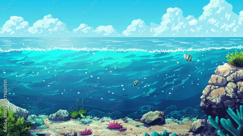 Colorful and lively pixel art of the underwater world with a coral reef ...