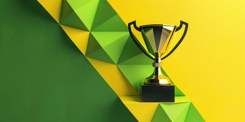 Trophy on geometric green and yellow background symbolizing victory and success concept