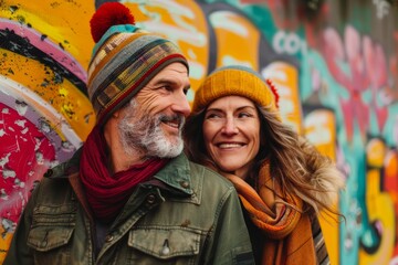 Wall Mural - Portrait of a glad couple in their 50s sporting a trendy beanie isolated on colorful graffiti wall