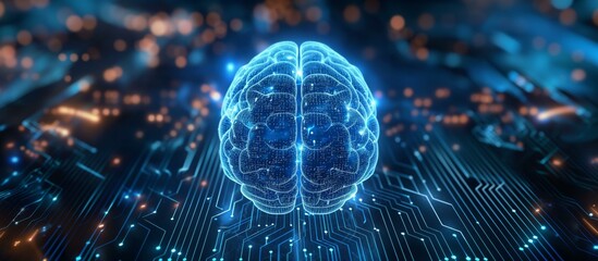 Poster - A glowing digital brain with neural connections illuminated, set against a backdrop of a complex electronic circuit board with vibrant bokeh light effects.