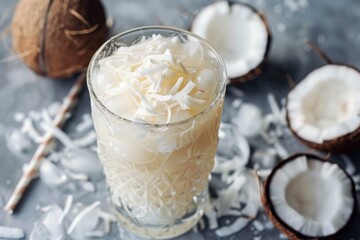 Wall Mural - Coconut refreshment drink being served in elegant glass with fresh coconut around on gray background