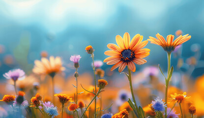 Wall Mural - Colorful Wildflowers in a Sunny Meadow with Blue Sky and Bokeh Lights - Spring and Summer Nature Scene with Yellow Daisies and Copy Space
