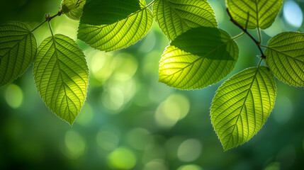 Aufkleber - Sunlight shining through bright green leaves on branch