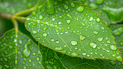 Aufkleber - Green leaf covered with water drops reflecting the sunlight