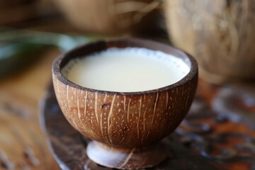 Poster - Coconut milk is served in a coconut shell on a wooden table with a blurred coconut in the background